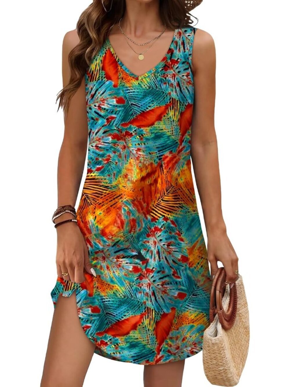 Women's Summer Dress Floral2 V Neck Sleeveless Dress Sundresses Swimsuit Coverup